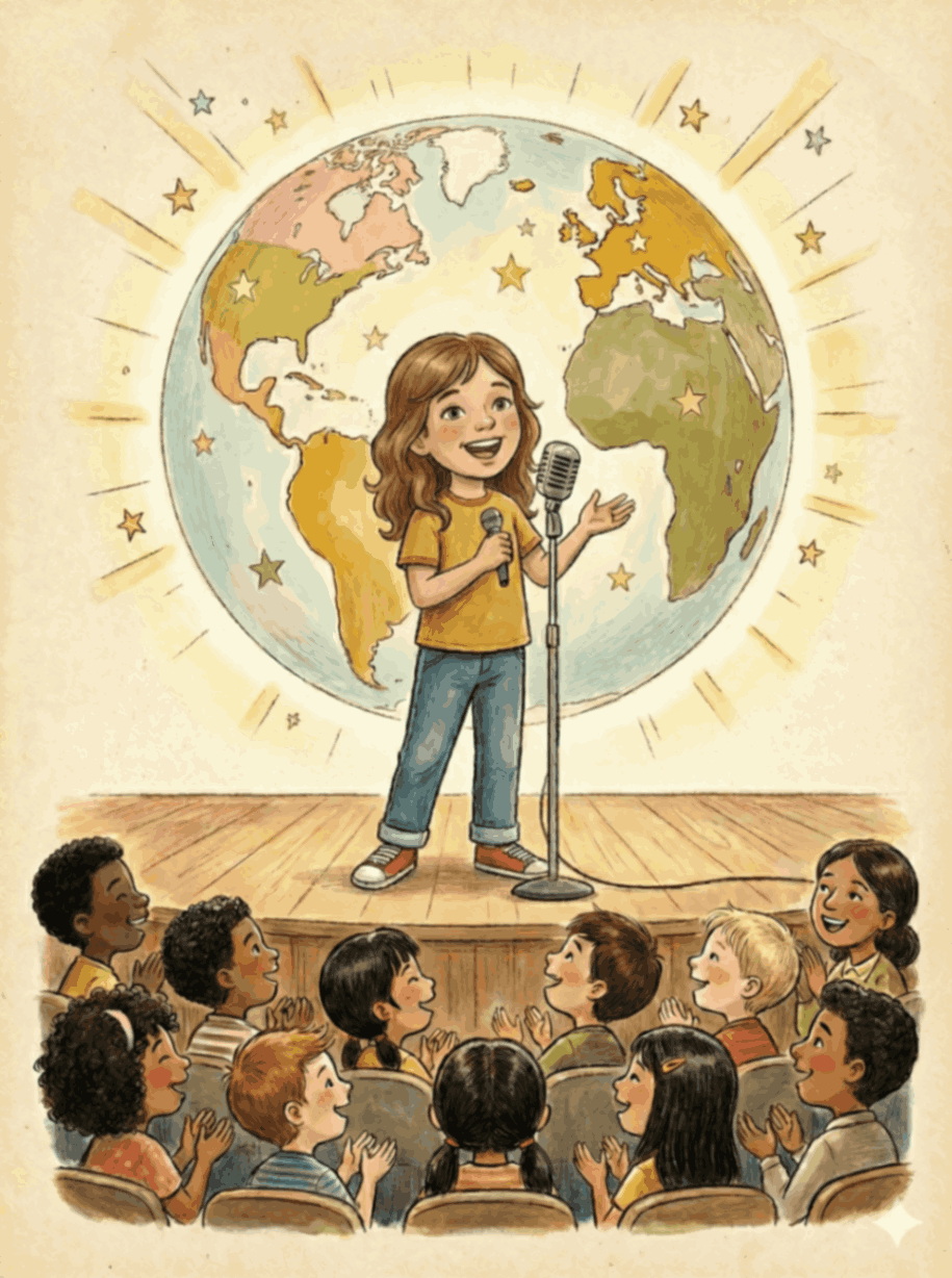 Confident child speaking English with a global, international future opportunities vibe